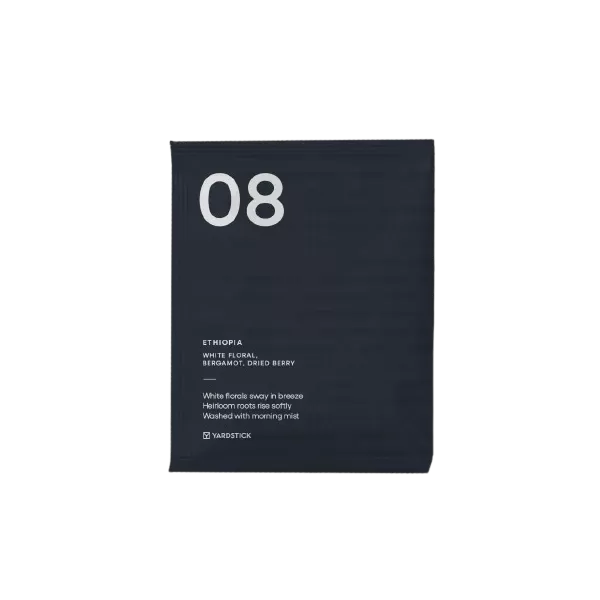 Placeholder packshot of a single dark drip coffee sachet, labelled "08 Ethiopia"