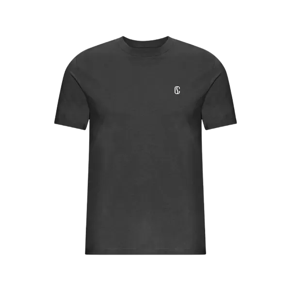 A Crimson Coffee t-shirt in charcoal cotton, with a white Crimson mark embroidered at the left chest