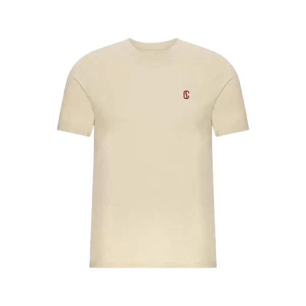 A Crimson Coffee t-shirt in natural cotton, with a maroon Crimson mark embroidered at the left chest